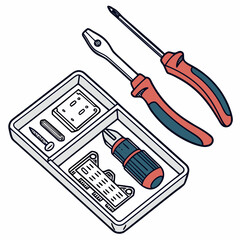 Vector illustration of toolkit with screwdriver, pliers, and circuit parts, isolated on transparent background
