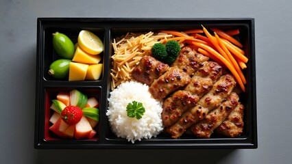Healthy Bento Box Lunch with Rice, Meat, Vegetables, and Fruit