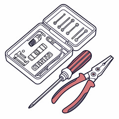 Vector illustration of toolkit with screwdriver, pliers, and circuit parts, isolated on transparent background
