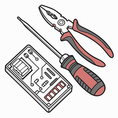 Vector illustration of toolkit with screwdriver, pliers, and circuit parts, isolated on transparent background
