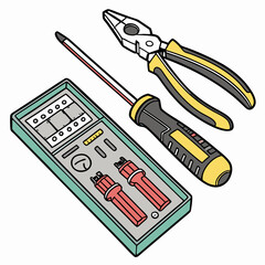 Vector illustration of toolkit with screwdriver, pliers, and circuit parts, isolated on transparent background
