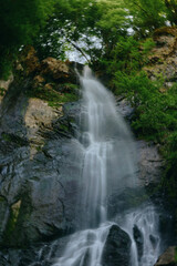 Fototapeta premium Waterfall flowing down rocky cliffs surrounded by lush green forest foliage under natural daylight in a serene outdoor environment.