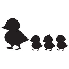 横向きアヒルの親子シルエット