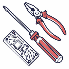 Vector illustration of toolkit with screwdriver, pliers, and circuit parts, isolated on transparent background
