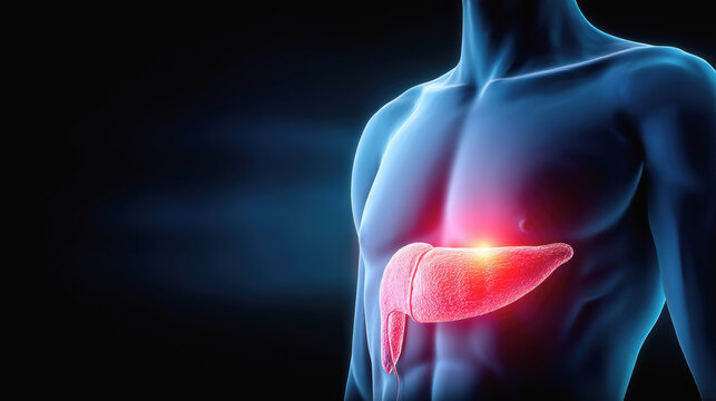 Pancreatic cancer concept showing human pancreas highlighted in red with glowing effect on dark background for medical study