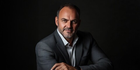 A charismatic businessman in a sleek, modern suit, confidently posing for a portrait, radiating charm and confidence.