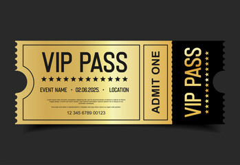 Concert, party or festival gold VIP pass design template admit design template 