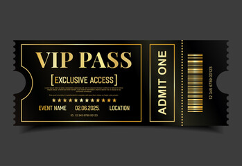 Fototapeta na wymiar Concert, party or festival gold VIP pass design template admit design template 