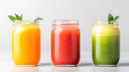 Bright fruit drinks in clear glass jars with green mint garnish on white surface. Orange, red, green colorful liquid refreshment.