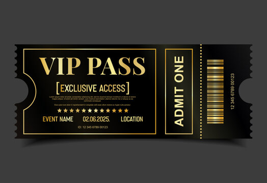 Concert, party or festival gold VIP pass design template admit design template 