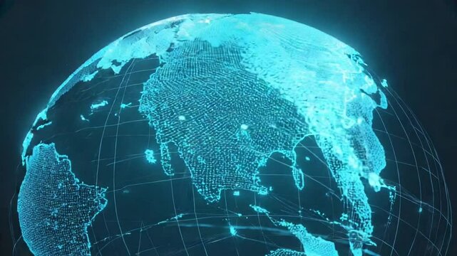 A 3D wireframe globe quantum network glowing particles jump nodes, complex, evolving network connections. businesses globally, light network, data transfer speed of light blend high tech faint digital - Powered by Adobe