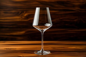 Elegant crystal wine glass with intricate cut patterns on wooden surface, illuminated by warm golden light for a sophisticated ambiance