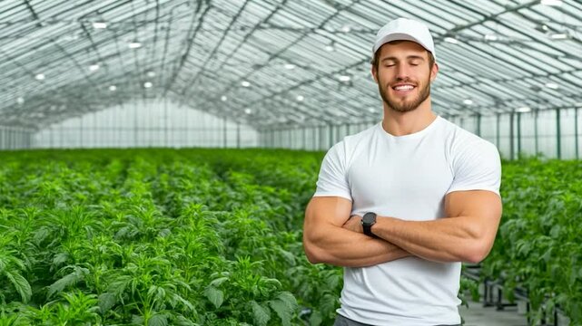 Confident Farmer in Greenhouse