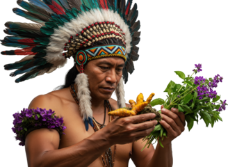 Indigenous Man in Headdress Examining Turmeric Root and Herbs