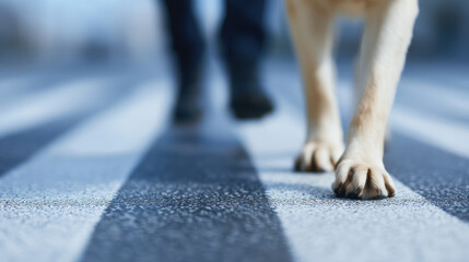Closeup photo of guide dog leading blind person across crosswalk city street, emphasizing trust and guidance urban environment
