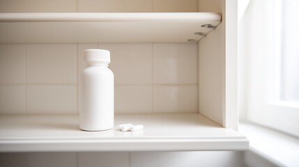 Fototapeta premium Empty medicine cabinet shelves reveal a life free from dependency, symbolizing health and self-reliance. Emptiness as a sign of wellness and proactive lifestyle choices.