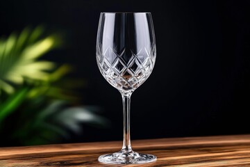 Elegant crystal wine glass with intricate cut patterns on wooden surface, illuminated by warm golden light for a sophisticated ambiance
