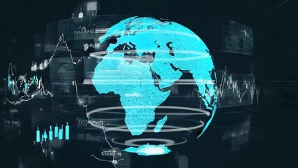 A futuristic 3D globe, dynamic financial charts. Stock numbers profit/loss data key global cities globe. Line charts trace financial growth effects. globe’s stock market financial dynamics glowing - Powered by Adobe