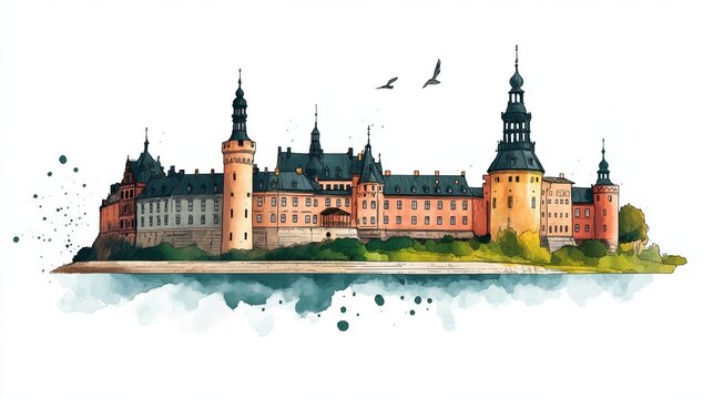 Kronborg Castle. Kronborg Castle hand drawn watercolor illustration