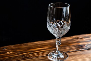 Elegant crystal wine glass with intricate cut patterns on wooden surface, illuminated by warm golden light for a sophisticated ambiance