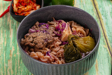 Korean kimchi beef noodles soup