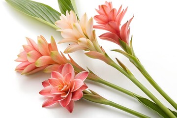 Three pink flowers with green leaves