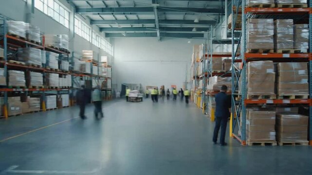 A time-lapse of a busy warehouse morning to evening. dark, quiet warehouse dawn gradually bustling scene workers pallets swiftly, space. zoom out scale operation, shadows light