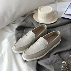Elegant taupe loafers arranged casually on a textured grey and white backdrop