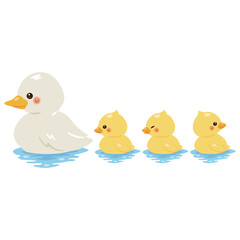 水面に浮かぶアヒルとヒナのイラスト