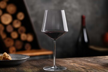 Elegant crystal wine glass with intricate cut patterns on wooden surface, illuminated by warm golden light for a sophisticated ambiance