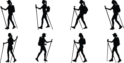 Hiker Silhouettes set. Silhouettes of climbers are isolated on a transparent background. Climber People with backpacks.