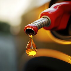 Closeup of Red Gas Pump Nozzle Dripping Fuel, Focused on the Golden Droplet