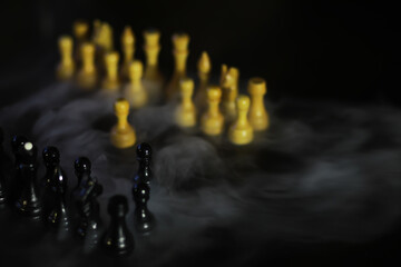 Moody Chess Set with Misty Background - Strategic and Artistic Board Game Scene