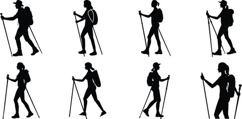 Hiker Silhouettes set. Silhouettes of climbers are isolated on a transparent background. Climber People with backpacks.