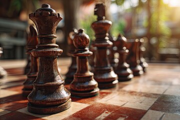 Fototapeta premium Wooden chess pieces on a chessboard, a chess game concept, set against an outdoor background on a sunny day. 