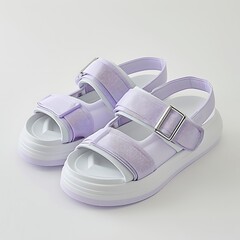 Pair of trendy platform sandals with lilac straps on white background