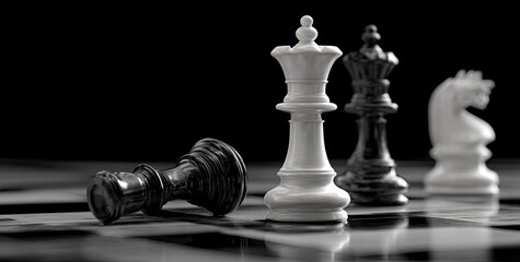 3D rendering of a chess board with pieces on the side. The pieces are in white and black colors. One piece is lying down, 