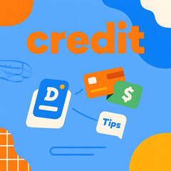 Illustrated concept of credit score improvement with icons for debt, payments, tips, financial advice and progress tracking