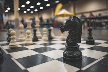 A chessboard with black and white pawns, on which there is only one piece, a knight in a dark color