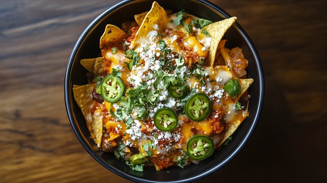Overhead view of a bowl of nachos with cheese jalapenos cilantro and other toppings on a wood table
