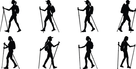 Hiker Silhouettes set. Silhouettes of climbers are isolated on a transparent background. Climber People with backpacks.