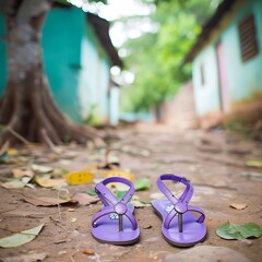 Purple sandals resting on a path, suggesting summer relaxation and barefoot freedom