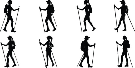 Hiker Silhouettes set. Silhouettes of climbers are isolated on a transparent background. Climber People with backpacks.