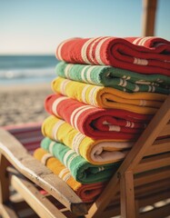 Stack of colorful striped beach towels on a wooden lounger by the shore