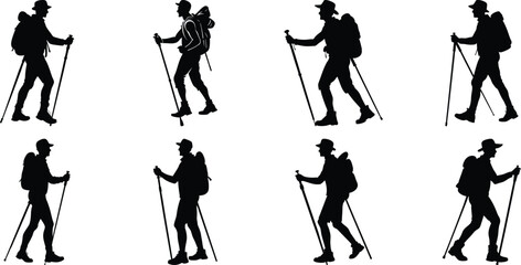 Hiker Silhouettes set. Silhouettes of climbers are isolated on a transparent background. Climber People with backpacks.