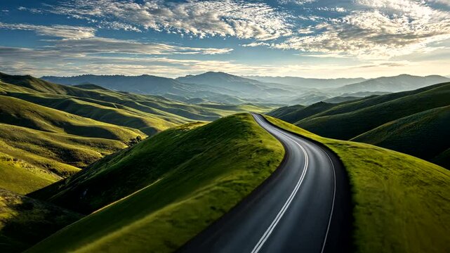 Winding road through a valley of rolling hills