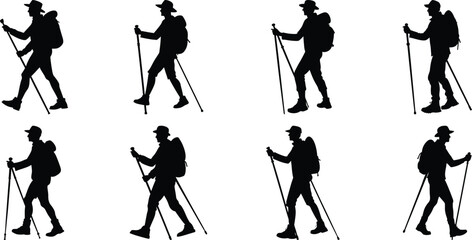 Hiker Silhouettes set. Silhouettes of climbers are isolated on a transparent background. Climber People with backpacks.