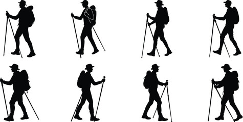 Hiker Silhouettes set. Silhouettes of climbers are isolated on a transparent background. Climber People with backpacks.