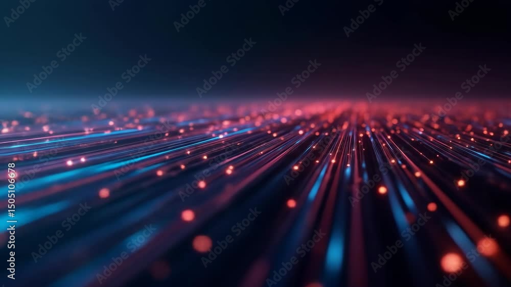 Poster dynamic light beams in vibrant blue and red hues move across a dark space, generating a hypnotic atm