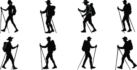 Hiker Silhouettes set. Silhouettes of climbers are isolated on a transparent background. Climber People with backpacks.